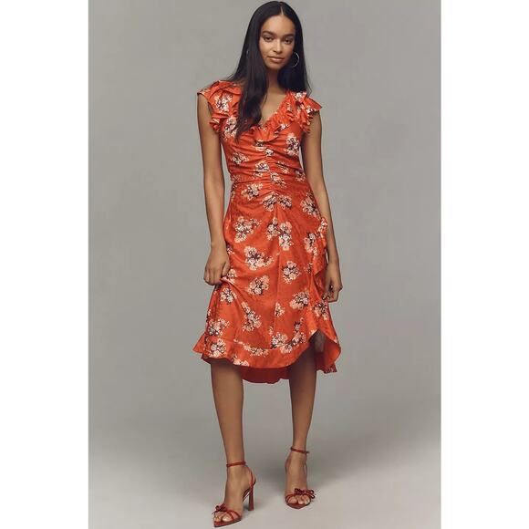 NWT By Anthropologie V-Neck Ruched Ruffle Floral Midi Dress Size 14 Red #9G507 - Picture 1 of 11